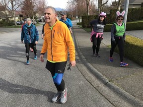 Participants in the W.C. Blair Sun Run InTraining Clinic, led by coordinator Sandra Jongs Sayer (right), tackled the hills in Langley on Easter weekend. The 34th Vancouver Sun Run takes place on Sunday, April 22.
