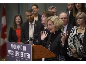 Alberta Premier Rachel Notley speaks about bringing forward new legislation giving Alberta the power to control oil and gas resources, in Edmonton on April 16.