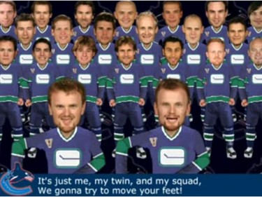 March 20, 2007. Frame grab from youtube of the Sedins in the 'Trapper's Delight' video.