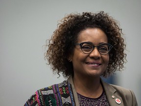 Secretary General of La Francophonie Michaelle Jean walks to the podium to address a youth as peace builders working session at the 2017 United Nations Peacekeeping Defence Ministerial conference in Vancouver, B.C., on Tuesday November 14, 2017.