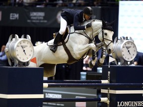 Mclain Ward riding Clinta during the Longines Grand Prix of New York on April 29, 2018 in New York City.