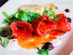 Sockeye salmon, cured in beetroot and citrus at First Nations restaurant Salmon n' Bannock on West Broadway. PHOTO CREDIT: Charlene Johnny. For 0510 salmon n' bannock [PNG Merlin Archive]