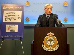 Vancouver Police Department Superintendent Mike Porteous talks to reporters on May 17, 2018, announcing that the VPD and the Coordinated Forces Special Enforcement Unit of B.C. (CFSEU-BC) have seized four guns and arrested seven men (recommending a total of 20 charges) as part of Project Temper. Credit: Mike Bell/PNG [PNG Merlin Archive]