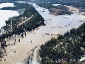 The River Forecast Centre posted a flood warning for a section of the Nazko River west of Williams Lake on Saturday as the waterway reached levels only seen about once every decade. Flooding in the Nazko area of the Cariboo Regional District is seen from a helicopter on April 28, 2018 in this file photo.