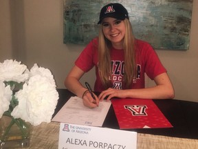 Semiahmoo Secondary high jumper Alexa Porpaczy signs a letter of intent to join the University of Arizona Wildcats' track and field team.