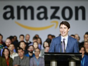 Prime Minister Justin Trudeau announces a new Amazon Vancouver headquarters to bring 3,000 jobs during an April 30 news conference in Vancouver.