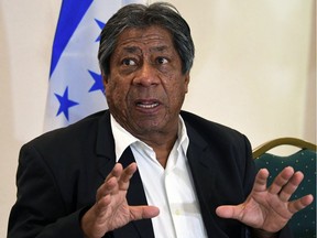 The former head coach of Salvadoran national football team, Honduran Ramon "El Primitivo" Maradiaga, speaks during a press conference in Tegucigalpa, on May 02, 2018. Maradiaga, denied the charges of "attempt of manipulation" during the CONCACAF qualifying matches heading to Russia's World Cup, for which the FIFA suspended him for two years.