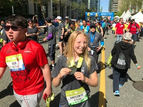 South Surrey runner Kaitlyn Wilson-Kurenoff, who turned 12 on Saturday, ran her first BMO Vancouver Marathon 8K on Sunday and was one of the special stories in the field of 17,000-plus runners representing some 65 countries. She was pretty thrilled to receive her 8K medal at the finish line.