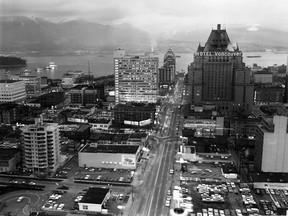 A 1965 aerial view of Burrard Street in downtown Vancouver from the CBC Vancouver archives. This looks like it was taken from Nelson Street looking north. Note the neon sign on the Hotel Vancouver.