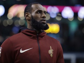 Cleveland Cavaliers forward LeBron James warms up before Game 2 of the team's NBA basketball Eastern Conference finals against the Boston Celtics, Tuesday, May 15, 2018, in Boston.