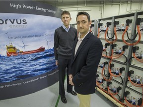 Neil Lang and Sean Puchalski with batteries at Corvus Energy's Richmond facility in 2015.