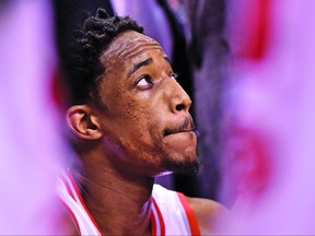 Toronto Raptors guard DeMar DeRozan reacts during Game 2 against the Cleveland Cavaliers in NBA playoff basketball action in Toronto on May 3, 2018