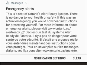 An emergency alert is seen on a mobile phone in Toronto on May 7, 2018.