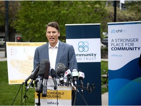 Vancouver Mayor Gregor Robertson at a presser at Emery Barnes Park on May 4, 2018, where he announced plans for 1,000 new units of affordable rental housing to be built on seven city-owned sites targeted toward singles and families earning $30,000 to $80,000 annually.