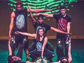 I.aM.mE hip hop dance crew featuring Brandon "747" Harrell (upper left) performs. 2018 [PNG Merlin Archive]