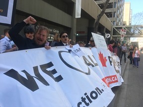 upporter of the Trans Mountain pipeline chant ‘build that pipe’ outside Kinder Morgan’s annual general meeting in Calgary.