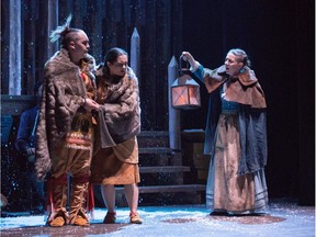 Raes Calvert, (left to right) Kaitlyn Yott and Julie McIsaac star in Les Filles du Roi, which tells a troubling chapter of Canadian history. The musical runs until May 27 at the York Theatre.