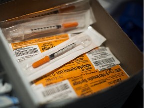 Various intravenous materials used to inject drugs are pictured at the safe-injection area of InSite in the DTES in Vancouver, British Columbia on March 17, 2016.