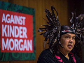 Rueben George, Project Manager for the Tsleil-Waututh Nation Sacred Trust Initiative, speaks as First Nations and environmental groups speak about a federal court hearing about the Kinder Morgan Trans Mountain pipeline expansion, during a news conference in Vancouver on October 2, 2017.
