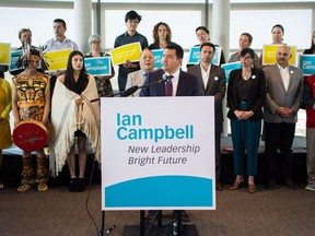 Squamish Nation hereditary Chief Ian Campbell announces his nomination for the Vancouver mayoral election as a Vision Vancouver candidate at a news conference in Vancouver on Monday.