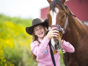 Taylor Manning, 14, of Edson, Alberta competed at the Cloverdale Invitational Rodeo on Saturday and will riding in the Falkland Stampede on Sunday in the barrel racing event.