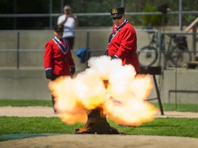 Member of the Ancient and Honourable Hyack Anvil Battery fire one of 21 salutes during the Victoria Day Anvil Battery Salute on Monday at Queen's Park Stadium in New Westminster.