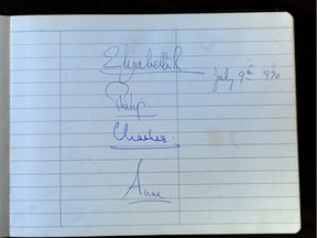 Signatures from a collection of royal signatures (including the queen) from a royal tour in 1970, in Vancouver, BC., May 24, 2018.
