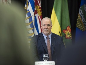 British Columbia Premier John Horgan takes part in a media event at the Western Premiers' Conference in Yellowknife, N.T., Wednesday, May 23, 2018.
