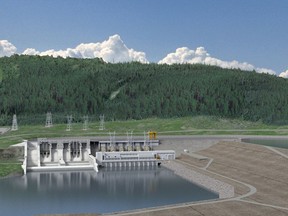 A rendering of B.C. Hydro's Site C dam showing the powerhouse structure that will house the facility's turbines and generators.