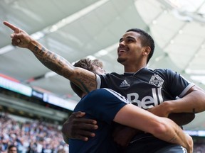 Vancouver Whitecaps' Cristian Techera celebrates his second goal against the New England Revolution during the second half of an MLS soccer game in Vancouver on Saturday May 26, 2018.