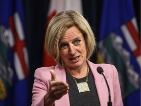 Alberta Premier Rachel Notley updates reporters on the progress of the Kinder Morgan pipeline in Edmonton on Wednesday, May 16, 2018.