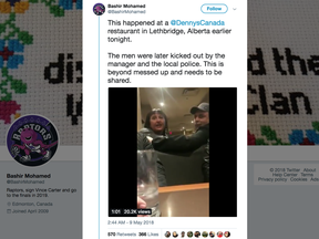 The video being shared on Twitter shows a woman at a Lethbridge Denny's going on a racist rant directed at a table of men sitting next to her.