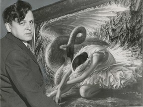 Artist Vladimir Tretchikoff with his painting Dying Swan.