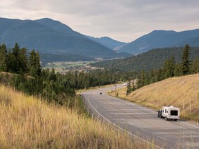 An RV on the Cariboo Highway in Clinton along the Gold Rush Trail. The vast Cariboo Chilcotin Coast region is filled with great adventures, stunning landscapes and exciting road trip opportunities.