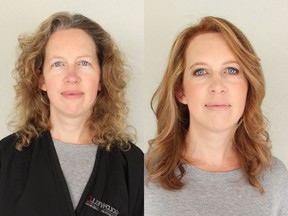 Kate Pratt was finding her hair to be unruly and wanted to update and refresh her natural hair colour and style. On the left is Kate before her makeover with Nadia Albano, on the right is her after.