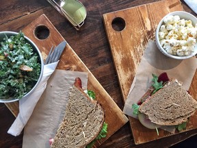 Half BLT sandwich and Toasted Chevre, Apple, Beet sandwich at Water Shed Arts Cafe in Langley.