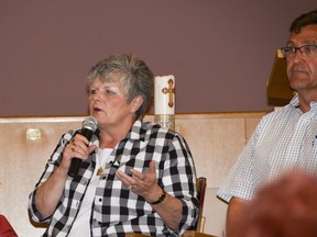 Trillium Party of Ontario candidate Elizabeth Marshall makes a point while Bruce-Grey-Owen Sound MPP Bill Walker waits his turn at the Youth Ask Town Hall all-candidates event at First United Church on Saturday, May 26, 2018 in Owen Sound, Ont.