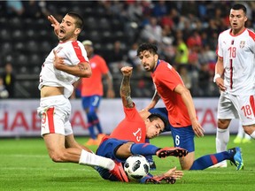 The referee said Serbia's Aleksandr Mitrovic wasn't fouled here by Chile's Erick Pulgar.