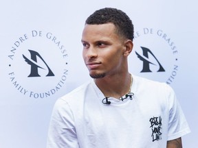 Canadian track star Andre De Grasse announces the launch of the Andre De Grasse Family Foundation in Toronto on May 31, 2018. De Grasse will be the feature attraction at the 35th Vancouver Sun Harry Jerome International Track Classic, which runs June 26 and 27 at Swangard Stadium.