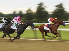 Justify (right), with jockey Mike Smith up, leads the pack around the first turn during the 150th running of the Belmont Stakes on Saturday, June 9, 2018, in Elmont, N.Y.