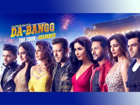 Bollywood actors Guru Randhawa, Sonakshi Sinha, Jacqueline Fernandez, Salman Khan, Katrina Kaif, Prabhu Deva, Daisy Shah and Manish Paul (L-R) are coming to Vancouver on Canada Day as part of the Da-bangg Reloaded Tour performances in various North American cities.