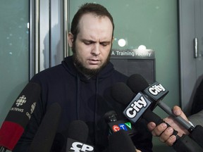 Joshua Boyle speaks to the media after arriving at the airport in Toronto on Friday, October 13, 2017.