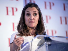 Canadian Foreign Minister Chrystia Freeland speaks after receiving Foreign Policy's 2018 Diplomat of the Year award in Washington, DC, on June 13, 2018.