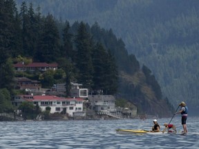 A dog stands on a stand up paddle board as two women enjoy the summer temperatures in Deep Cove in North Vancouver, B.C. Saturday, June 29, 2013. Real estate company Royal LePage is predicting British Columbia's new speculation tax on out-of-province buyers will likely convince a wave of owners to sell their vacation properties, pushing down home prices.