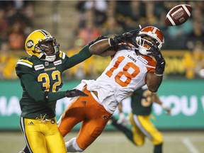 B.C. Lions' receiver Cory Watson can't hold on to the ball Friday night despite beating the coverage of Edmonton Eskimos' defender Nicholas Taylor in CFL action at Commonwealth Stadium in Edmonton.