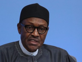 Nigerian President Muhammadu Buhari speaks on May 12, 2016 in London, England. Buhari has appealed for calm as Nigerian military and police try to end recent bloodshed.