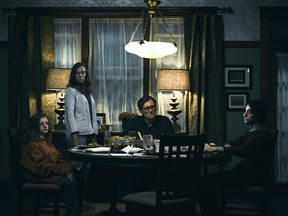 Milly Shapiro, Toni Collette, Gabriel Byrne, and Alex Wolff in Hereditary.