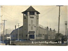 A postcard of the Imperial Roller Skating Rink/Imperial Theatre, by Elliott and Baglow photographers, in Vancouver. Probably circa 1910. The building stood at Denman and Beach streets from 1907-1914.