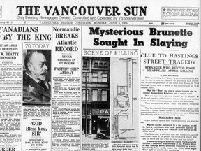 The top of the front page of the Vancouve Sun on June 3, 1935, featuring a story about the murder of Jack Robertson.