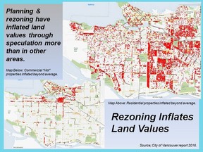 City of Vancouver maps from 2016 show how 'hot' properties that inflated beyond the average are distributed across the city. They closely reflect the areas of the city that have undergone planning programs for increasing density and the resulting speculative inflation.